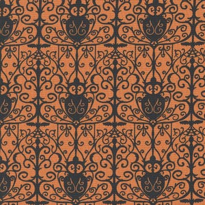 May include: A seamless pattern featuring a black and orange design. The pattern is a repeating design of a black silhouette of a gothic style gate with a spider web and bats. The background is a solid orange colour.