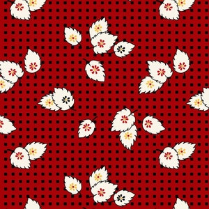 RZADKI - 22" POZOSTAŁOŚĆ - Walk in the Park autorstwa Maywood Studios, #8807-R Rzucane białe liście na czerwono-czarnej kratce gingham, lata 30. XX w.