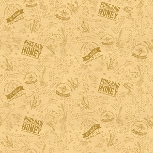 May include: A seamless pattern featuring a beige background with honeycombs, bees, and text that reads "Pure Raw Honey" and "All Natural Lifetime Honey".