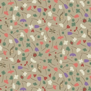 Könnte beinhalten: Ein nahtloses Muster mit hellbraunem Hintergrund, das verschiedene handgezeichnete Elemente zeigt, darunter Blumen, Herzen, Blätter, Schnecken und Marienkäfer in Rot-, Rosa-, Lila-, Grün- und Weißtönen.