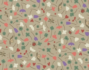 By The HALF YARD - To The Zoo by Anni Downs for Henry Glass, #8912-11 Tossed Small Wildflowers, Snails, Ladybugs, Dragonflies on Medium Gray