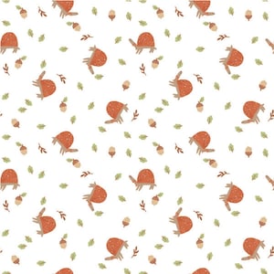RARE - By The Continuous HALF YARD - Treehouse by August Wren for Dear Stella, #1312 Tossed Rust Turtles, Acorns, Twigs, Leaves on White