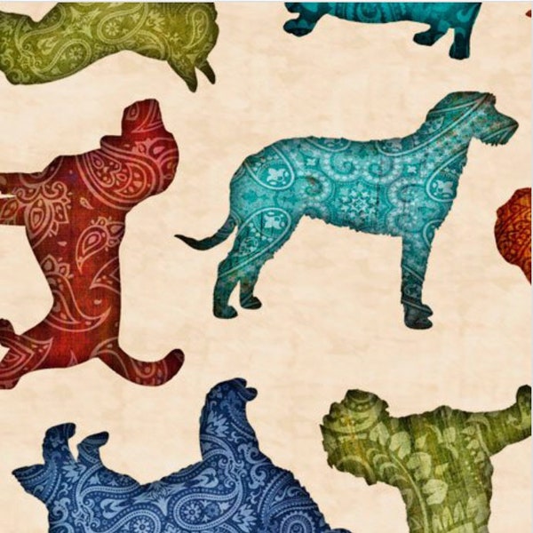 RARE - 35" REMNANT - Must Love Dogs by Dan Morris for Quilting Treasures #26937-E Large Colorful Paisley Dogs on Oatmeal Cream
