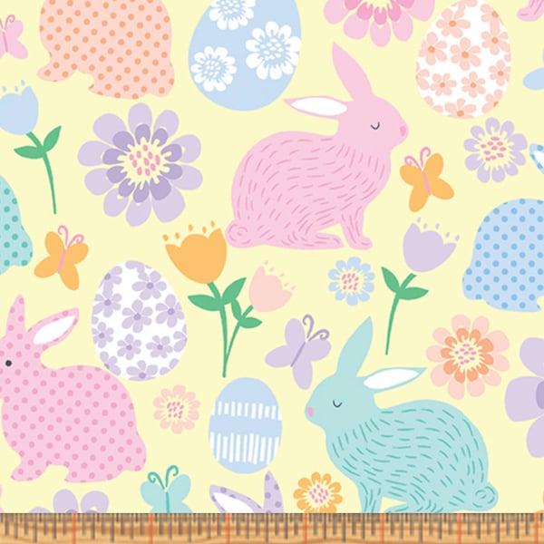 By The Continuous HALF YARD - Love Bunny by Greta Lynn for Kanvas Studio, #8790-03 Spring Bunnies on Buttercup Yellow, Flowers, Easter Eggs