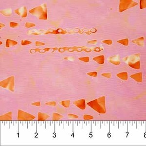 May include: Pink fabric with a repeating pattern of orange triangles and a chain-like design. The fabric has a subtle, textured look.