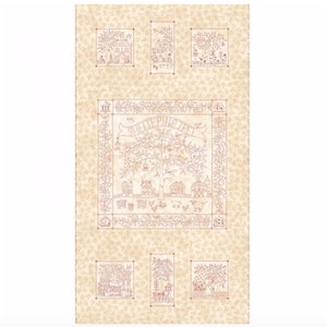 May include: Beige fabric with a repeating pattern of small flowers. The center of the fabric features a large square with a tree in the center and the words "Sheltering Tree" on a banner. The tree is surrounded by houses, animals, and birds. There are smaller squares with similar images in the corners of the fabric.