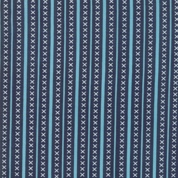 RARE - By The Continuous HALF YARD - Walkabout by Sherri & Chelsi for Moda Fabrics, #37566-18 Navy Pathway, Sky Blue Stripes, Ivory X’s