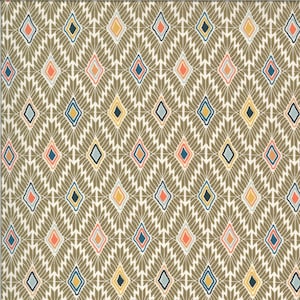 May include: A repeating pattern featuring diamond shapes and chevron designs in various colours. The diamonds are outlined in white and filled with shades of blue, orange, yellow, and teal. The background is a muted olive green.