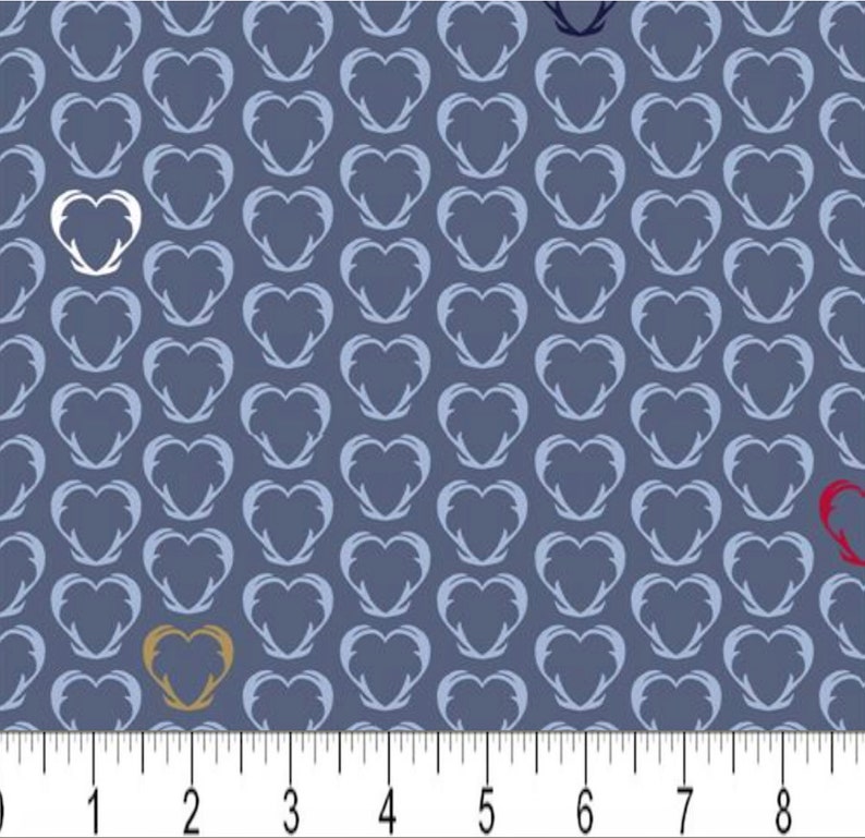 By The Continuous HALF YARD Pattern #4497-044 Light Blue Snow House by Stof Fabrics Black and Tan Antler Hearts on Blue RARE Red
