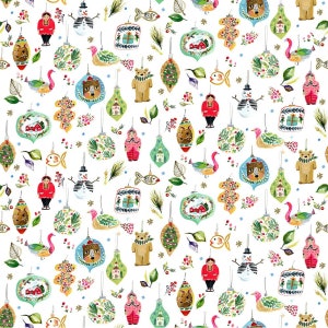 RARE - By The Continuous HALF YARD - Love At Frost Sight by August Wren for Dear Stella, #1840 Old Fashioned Christmas Ornaments on White