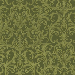By The Continuous HALF YARD - Roses on the Vine by Marti Mitchell for Maywood #8426-G2 Green Scrolling Vines in Damask Pattern on Dark Green