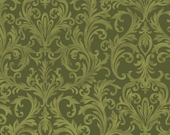 By The Continuous HALF YARD - Roses on the Vine by Marti Mitchell for Maywood #8426-G2 Green Scrolling Vines in Damask Pattern on Dark Green