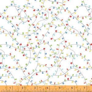 May include: White fabric with a repeating pattern of colorful Christmas lights. The lights are red, yellow, blue, and green, connected by gray wires. The design is festive and suitable for holiday-themed projects.