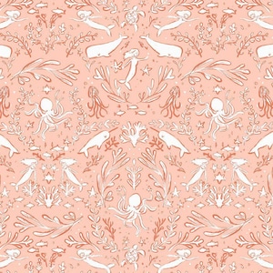RARE - By The Continuous HALF YARD - La Mer by Clara Jean for Dear Stella Fabrics, #2473 White and Dark Salmon Mermaid Toile on Salmon