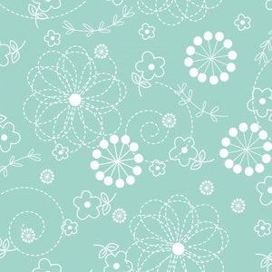 RARE - 27&quot; REMNANT - Kimberbell Basics by Kim Christopherson of Kimberbell for Maywood, #MAS8246-Q White Stitched Flowers on Mint Blue