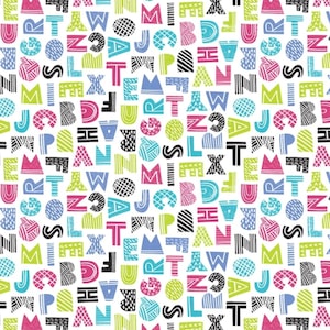 RARE - By The Continuous HALF YARD - Mod Blocks by Elizabeth Silver for Camelot, Pattern #27180109-1 Colorful Patterned Letters on White