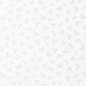 May include: White fabric with a repeating pattern of small, light blue leaves and tiny dots. The leaves are delicate and stylized, creating a subtle, all-over design. The fabric has a soft, slightly textured appearance.