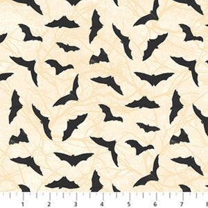 RARE - By The Continuous HALF YARDS - Black Cat Capers by Andrea Tachiera for Northcott Studio, #24121-12 Flying Black Bats on Tonal Cream