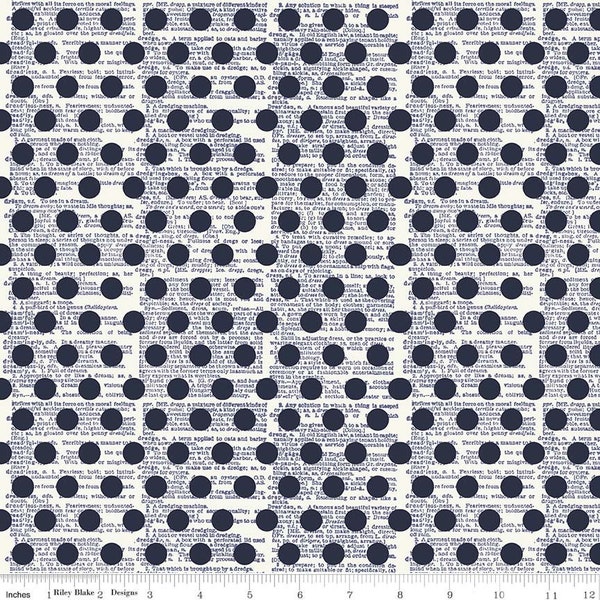 By The HALF YARD - Lost and Found America by Jen Allyson for Riley Blake, #C5982-NAVY Americana Dots, 7/16” Blue Dots on Creamy White, Text