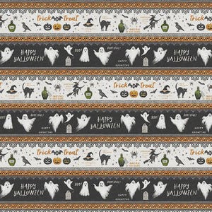 May include: Halloween-themed fabric with repeating patterns. The design includes ghosts, pumpkins, witches, black cats, and the phrases "Happy Halloween" and "Trick or Treat". The color palette features black, white, orange, and green.