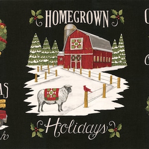 RARE - 24&quot; X 44&quot; PANEL - 24&quot; X 44&quot; PANEL - Homegrown Holidays by Deb Stain für Moda Stoffe, #19940-14 Weihnachtsszenen und Zitate auf Schwarz