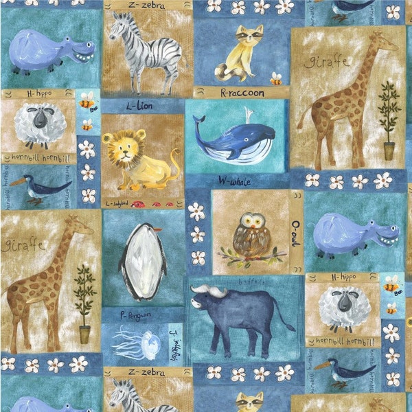 Rare - By The Continuous HALF YARD - Family Fun Day by Michael Miller, #DCX9035-BLUE-D Animal Friends of Many Colors Blocks on Blue and Tan