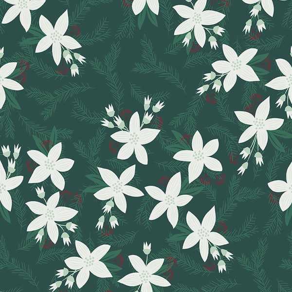 RARE - By The Continuous HALF YARD - Yuletide by Megs & Me for Clothworks, Pattern #Y2283-114 White Poinsettia Toss on Dark Forest Green
