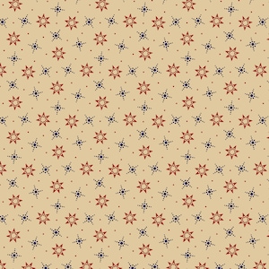 May include: A seamless pattern featuring a repeating design of red and blue stars on a beige background.