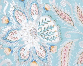 RARE - By The Continuous HALF Yard - Isabelle by Dena Designs for Free Spirit, #PWDF24.BLUEX Ornate Floral on Light Blue, Scrolls, Dots