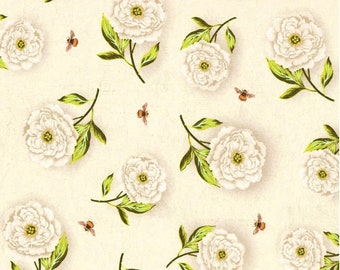 By The Continuous HALF YARD - Floral Serenade by Anne Rowan for Wilmington, #68494-217 Tossed Cream Peony on Textured Cream, Honey Bees