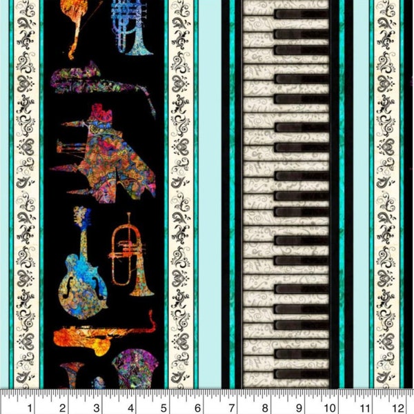RARE - By The Continuous HALF YARDS - Fine Tuning by Dan Morris for Quilting Treasures, #26844-Q Musical Instruments Border Stripe Teal Blue