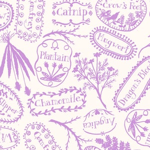 May include: Purple and white floral pattern with hand-drawn illustrations of various herbs and flowers. The names of the herbs are written in a decorative font, including Catnip, Crow's Foot, Mugwort, Plantain, Chamomile, Dragon's Blood, and Comfrey.