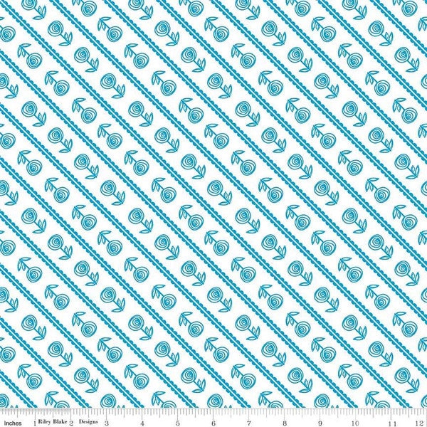 RARE - By The Continuous HALF Yard - Simply Happy by Dodi Lee Paulson for Riley Blake, Pattern #C7455 Blue Flower Diagonal Stripe on White