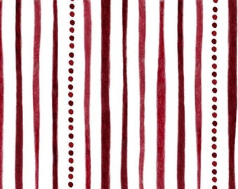 May include: A seamless pattern with vertical red stripes and a row of red dots on each side. The background is white.