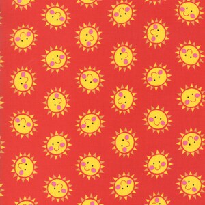RARE - By The Continuous HALF YARDS - Bicycle Bunch by Abi Hall for Moda Fabrics, Pattern #35334-14 Tossed Happy Suns on Cherry Red