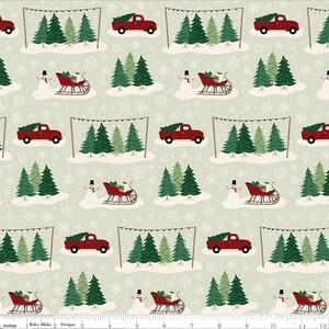 RARE - By The Continuous HALF YARD - Christmas Traditions van Dani Mogstad voor Riley Blake, #C9590 Main on Mint, Christmas Tree Lot, Trucks