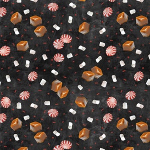 RARE - By The Continuous HALF YARD - Time For Hot Cocoa by Conrad Knutsen for Wilmington Prints, Pattern #3046-30525-923 Candy Toss on Black