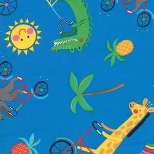 RARE - By The Continuous HALF YARD - Bicycle Bunch by Abi Hall for Moda Fabrics, #35330-16 Tossed Animals on Bicycles on Raspberry Blue
