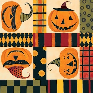 Può includere: Un design a patchwork con quattro zucche arancioni a forma di jack-o'-lantern con diverse espressioni facciali. Le zucche sono circondate da motivi geometrici neri, bianchi, gialli, verdi e rossi.