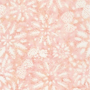 May include: Pink fabric with a white snowflake and pine cone pattern. The fabric is 7 inches wide.