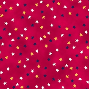 May include: A seamless pattern of white, yellow, and navy blue stars on a bright pink background.