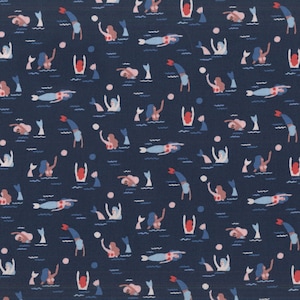RARE - By The Continuous HALF YARD - Bootylicious by Dear Stella Designs, Pattern #1761 Ahoy Mermaids, Playing Mermaids on Eclipse Blue