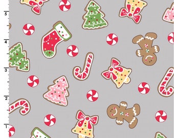 RARE - 20&quot; REMNANT - We Whisk You a Merry Christmas by Kim Christopherson for Maywood, #9671-K Decorated Christmas Cookies on Gray