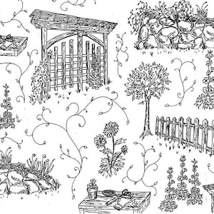 By The HALF YARD - Park Drive by Jill Finley for Henry Glass, Pattern #6271-09 Black Toile, Black Gardening Scenes on White