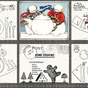Könnte beinhalten: Eine Postkarte im Vintage-Stil mit einem Schneemann-Motiv. Die Postkarte zeigt einen Schneemann mit einem roten Schal und einem schwarzen Zylinder. Die Postkarte enthält auch ein Lebkuchenrezept mit Zutaten wie Mehl, Ingwer, Zimt und Nelken. Der Text auf der Postkarte lautet "1500 Dec. 23 POST HOME COOKING."
