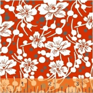 RARE - 20&quot; REMNANT - Mimosa by Another Point of View for Windham, #39982-1 White Flowers and Berries on Cherry Red, Charcoal Grey Dots