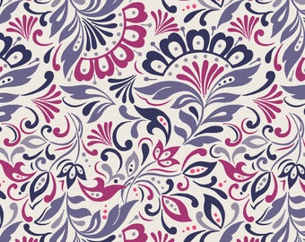 RARE - 16&quot; REMNANT - Manor House by Lewis and Irene, Pattern #A034, Floral Damask on White, Purple, Fuchsia, White Scrolling Flowers