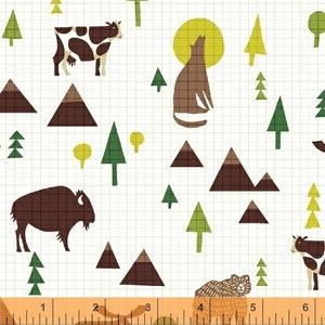 May include: A white fabric with a repeating pattern of brown mountains, green trees, a brown wolf howling at a yellow sun, a brown bison, and a brown and white cow. The fabric has a grid pattern.
