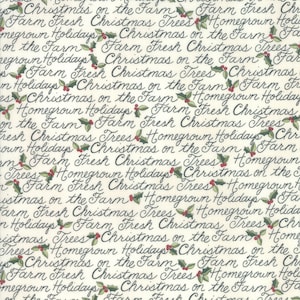 Puede incluir: Un fondo blanco con un patrón repetido de hojas de acebo verdes y bayas rojas. El texto "Christmas on the Farm", "Farm Fresh Christmas Trees", "Homegrown Holidays" se repite en todo el patrón.