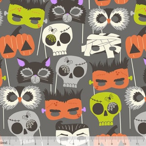 RARE - By The Continuous HALF YARDS - Boo Bash by Maude Asbury for Blend, #101.139.01.1 Master of Disguise on Grey, Halloween Masks, Cats